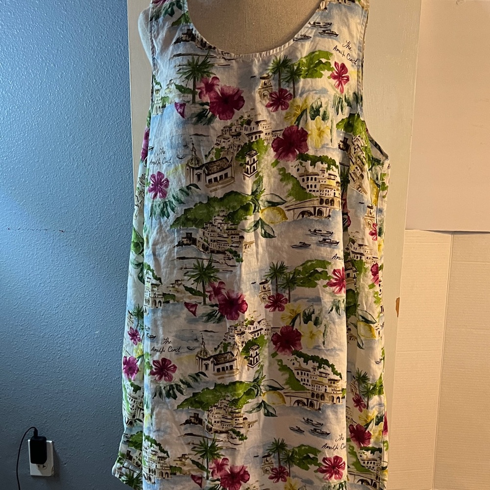 Cynthia Rowley White Tropical Floral Linen Dress with Pink & Green Accents